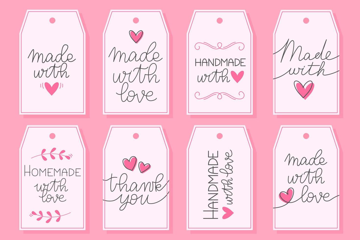 Made with love, thank you hand drawn labels. Lettering with heart symbol. vector