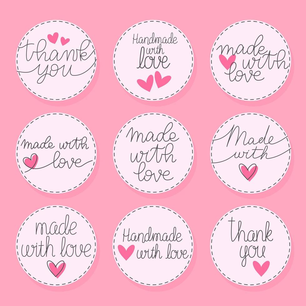 Made with love, thank you hand drawn labels. Lettering with heart symbol. vector