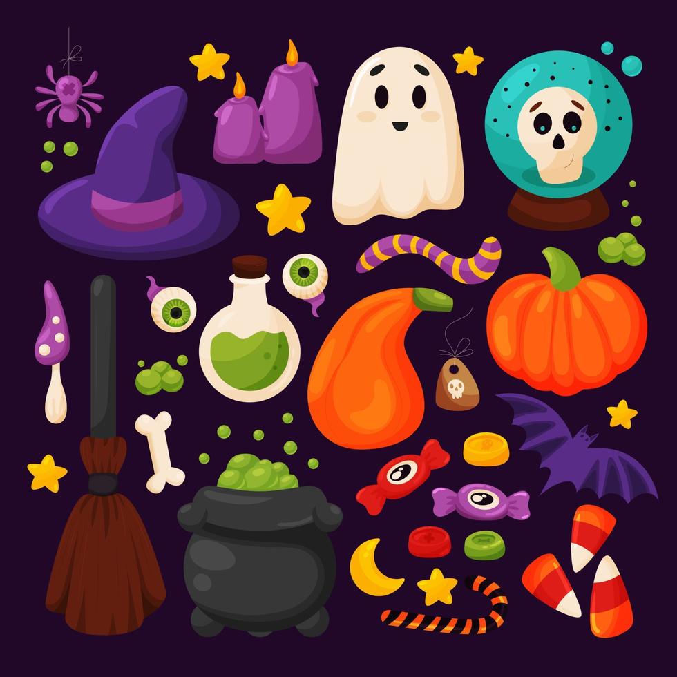 Halloween elements set, cute hand drawn cartoon style. Witch hat, cauldron, broom,  potion, bat, spider, candy, ghost, bone, skull, eye, tag, candle. Vector illustration