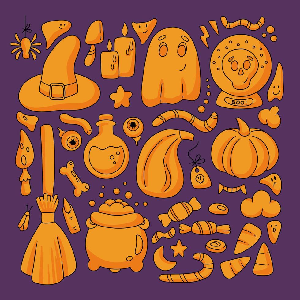 Halloween elements set, cute hand drawn line style with shadows. Witch hat, cauldron, broom,  potion, bat, spider, candy, ghost vector