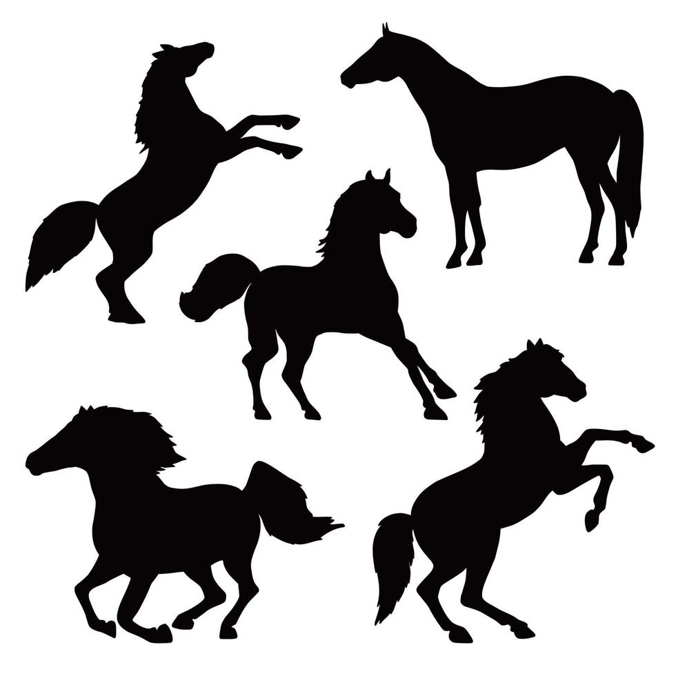 colección de diseño plano de silueta de caballo. conjunto de contorno los sementales y las yeguas se paran, se encabritan, galopan vector