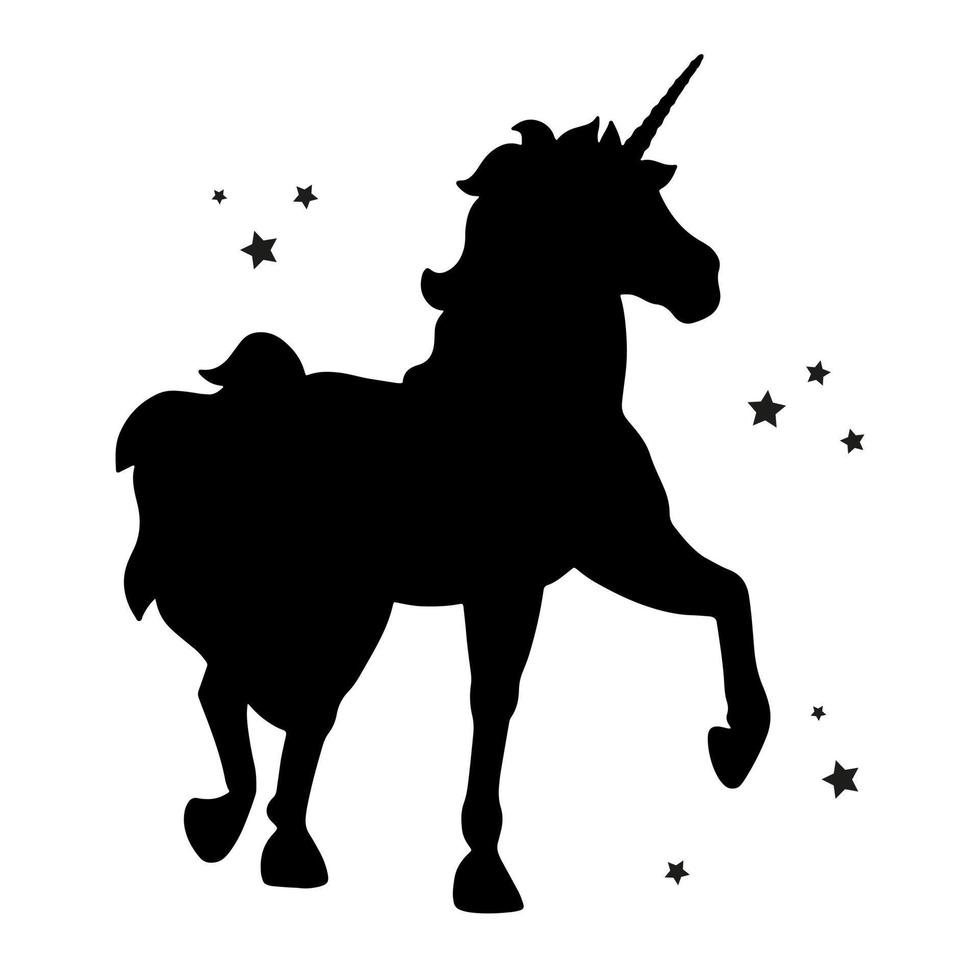 Unicorn silhouette, black flat plain design. Magic creature contour vector