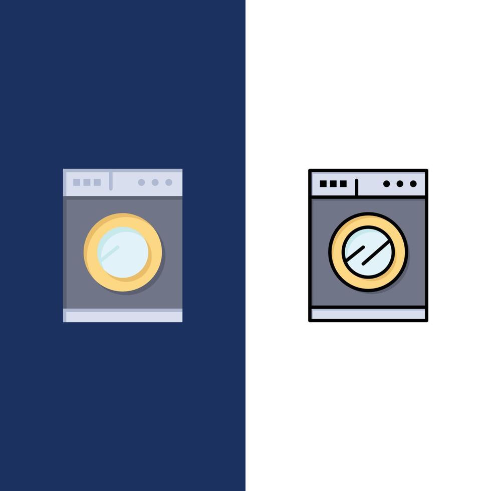 iconos de lavado de máquina de cocina planos y llenos de línea conjunto de iconos vector fondo azul