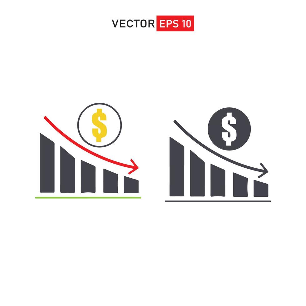 gráfico de dólar hacia abajo icono simple. declive de las finanzas, la banca. dólar decreciente gráfico vector icono economía crisis