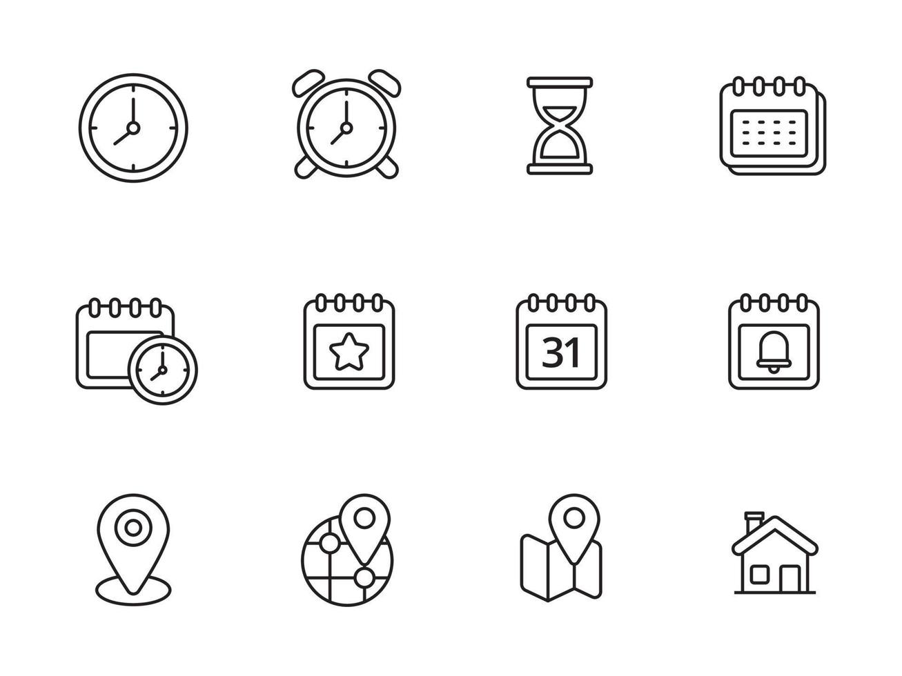 conjunto de iconos de tiempo y ubicación con estilo lineal aislado sobre fondo blanco vector