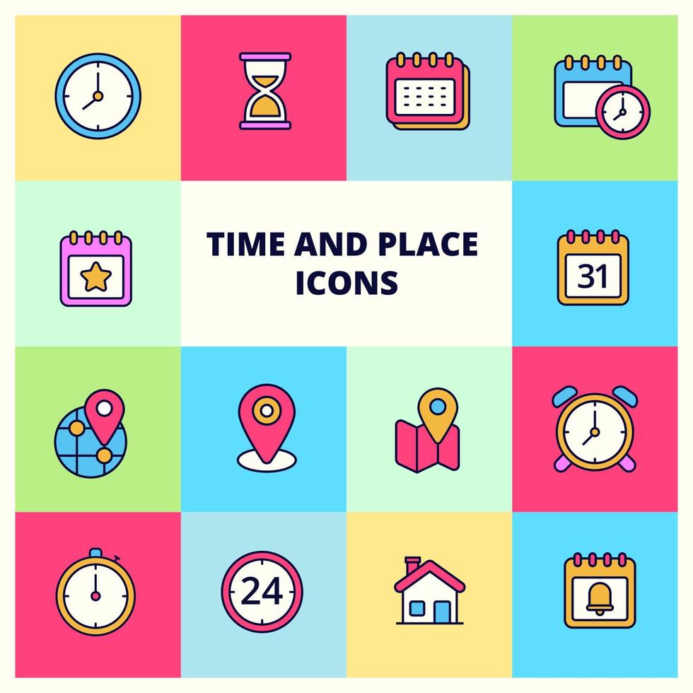 Set of time and location icons with a colorful design. Linear color style of time and location sign vector