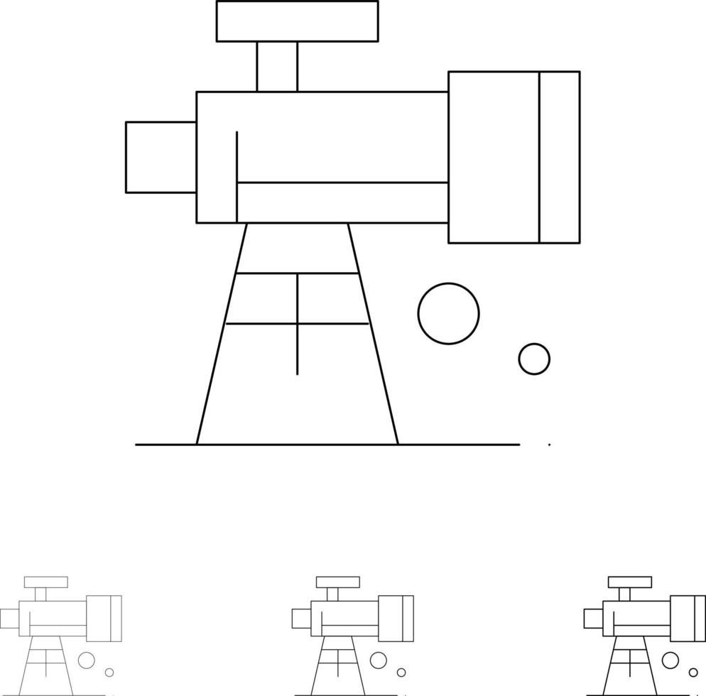 conjunto de iconos de línea negra en negrita y delgada de telescopio espacial de alcance de astronomía vector