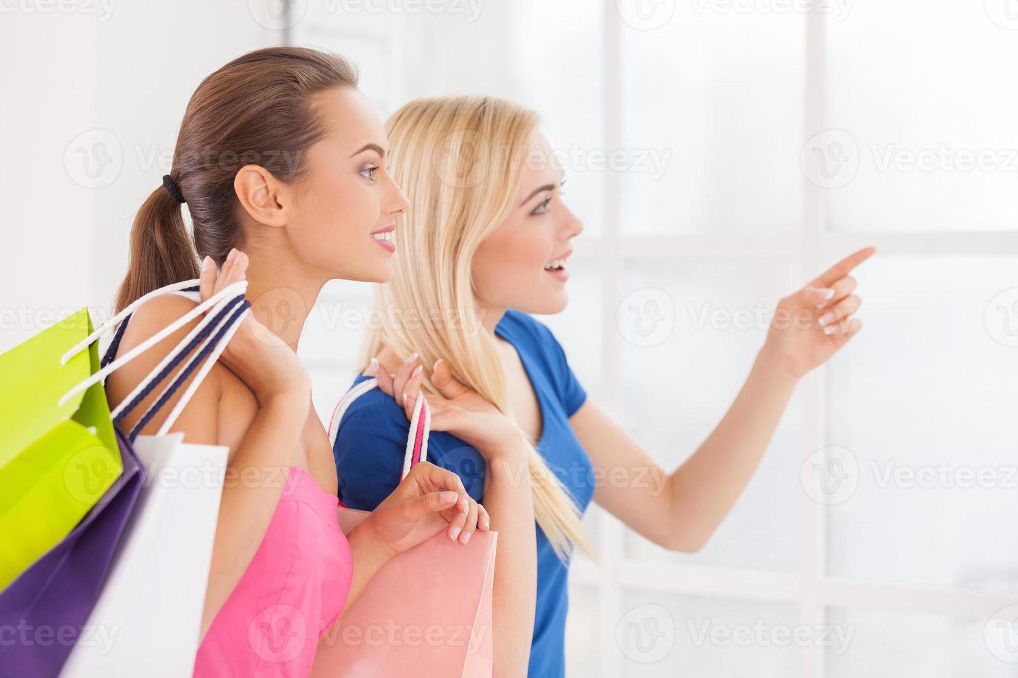 Hey, just look at that Two beautiful young women in dresses holding shopping bags and pointing away photo