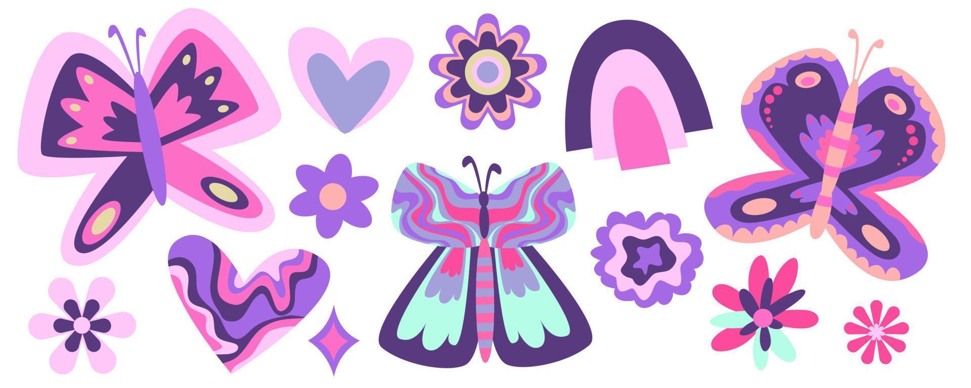 Y2k set butterfly and flower daisy isolated. Modern trendy design. Y2k aesthetic. Sticker pack. Flower power. Vector isolated 00s collection