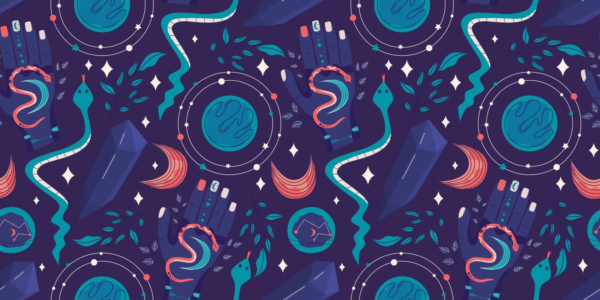 Celestial magic seamless pattern with boho snake. Mystic moon vector illustration. Magic celestial print. Astrology esoteric background