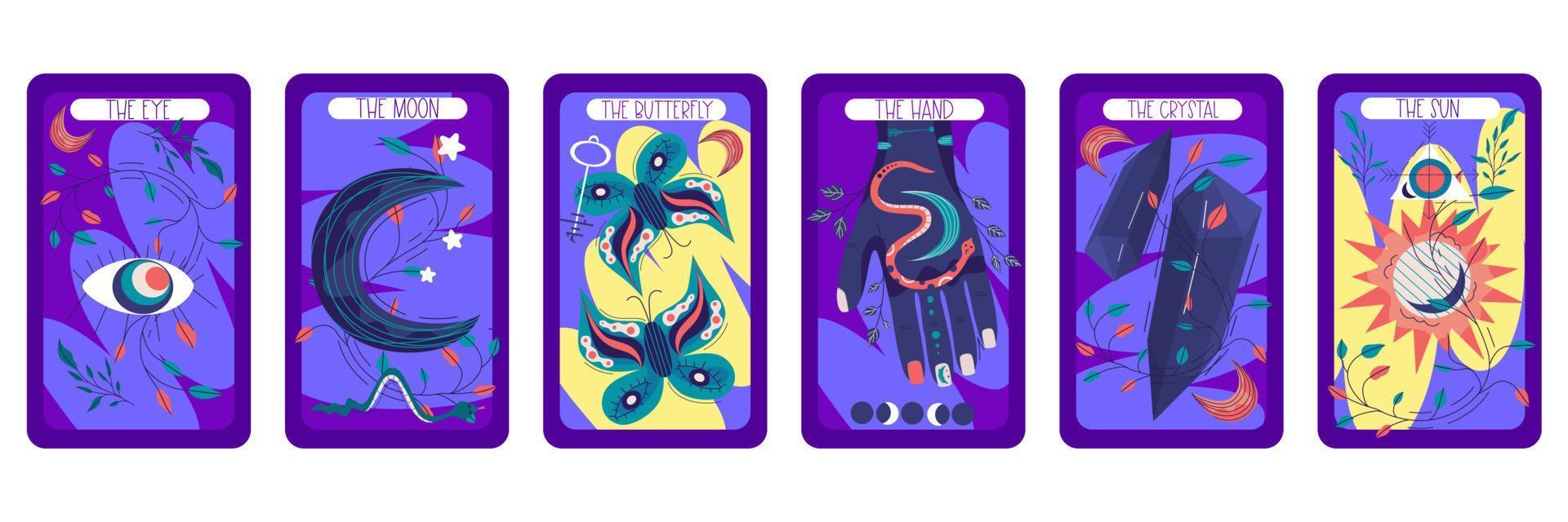 juego de cartas del tarot diseño celestial mágico. ilustración de vector de luna mística. ilustración vectorial dibujada a mano. carta esotérica del tarot boho con mano, mariposa, mano, sol y luna.