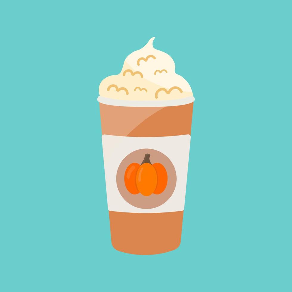 Pumpkin spice latte coffee cup. Seasonal hot drink isolated on blue background. Illustration for autumn menu or greeting cards. vector