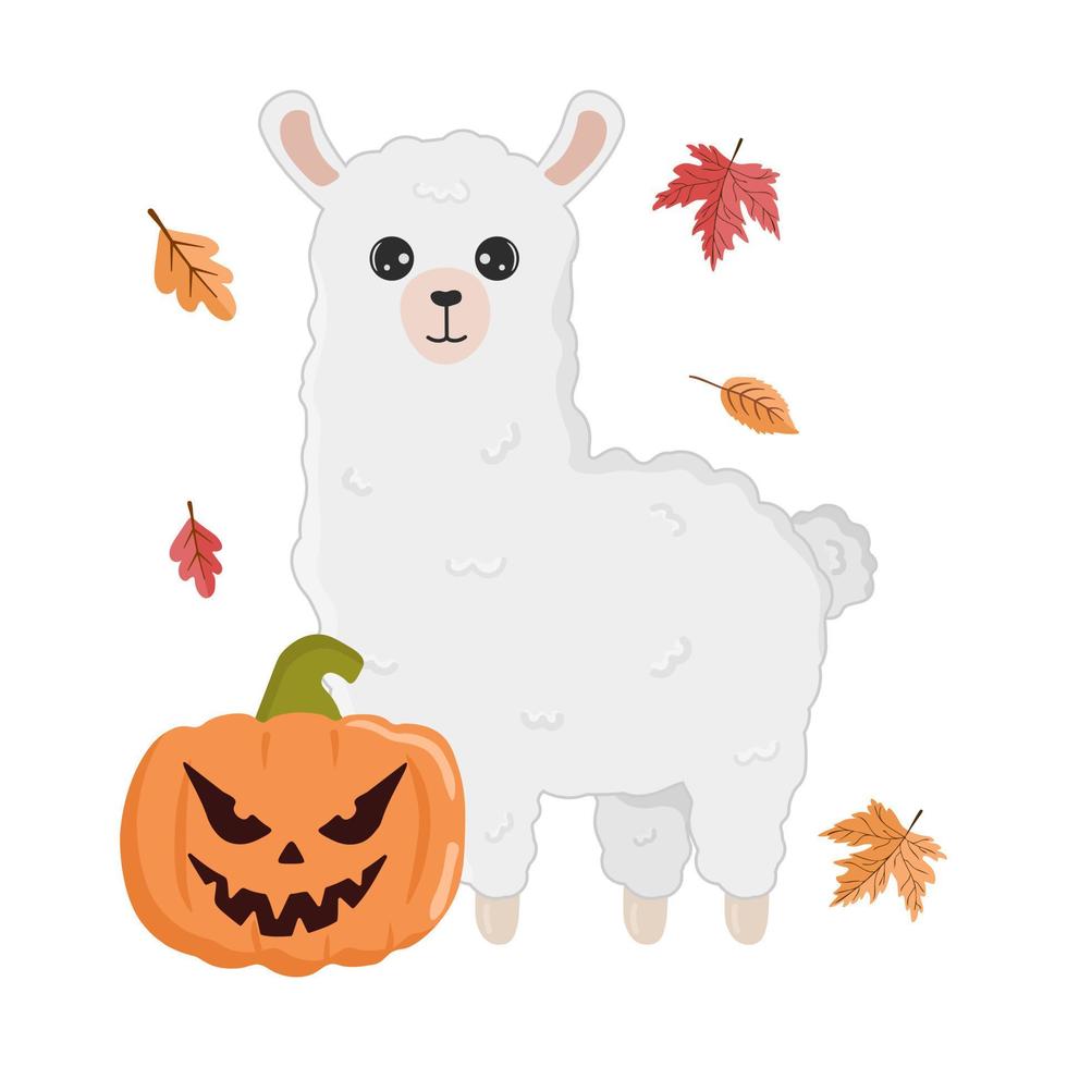 Illustration with cute cartoon alpaca, pumpkin and leaves on white background. Print for t-shirts, posters, greeting cards, design and more. Greeting card for the fall season. Cartoon llama vector