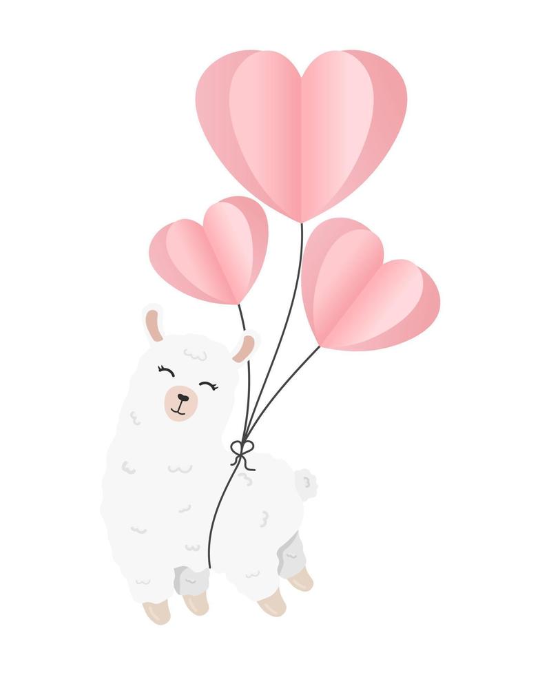 Valentines day card with cute alpaca with air balloons. Paper cut style. vector