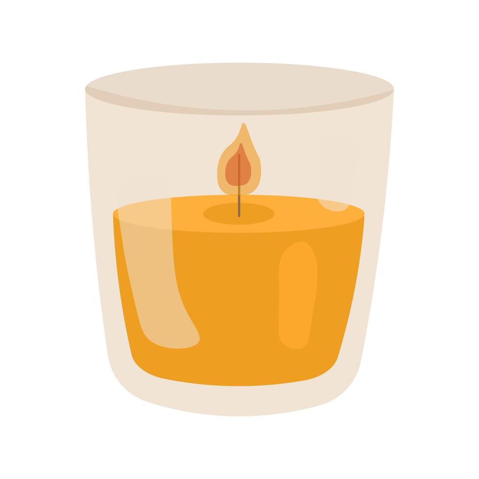 Candle in a glass in cartoon style isolated on white background. Aromatic candle with burning flame light. Vector illustration.