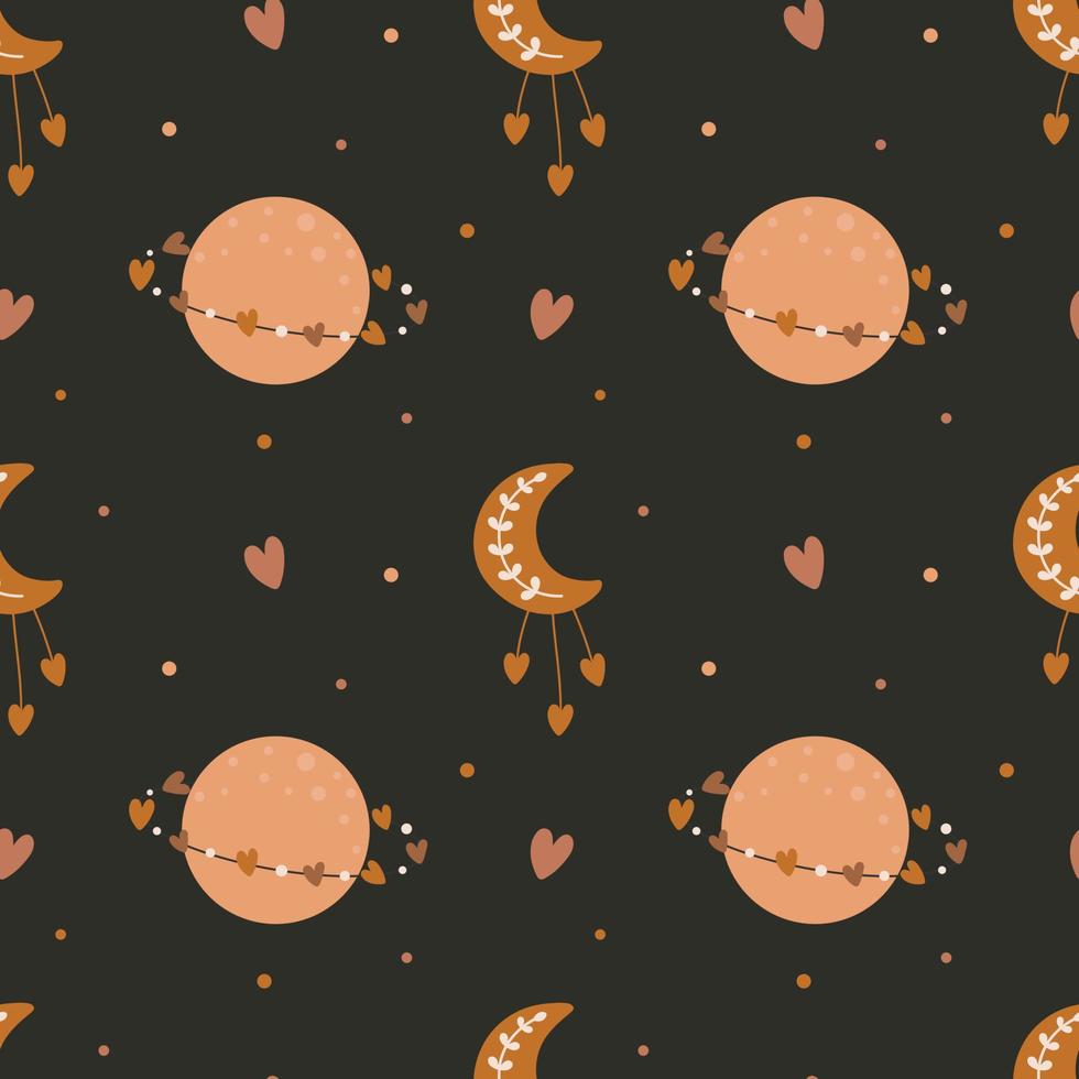 Seamless pattern with moon, planet and hearts. Background for wrapping paper, greeting cards and seasonal designs. Happy Valentine's day. vector