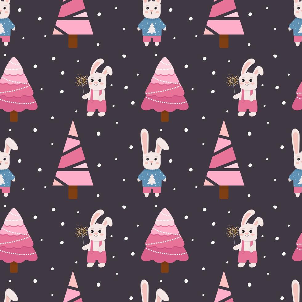 Winter seamless pattern with bunny, tree and snowflakes. Perfect for wrapping paper, greeting cards and seasonal design. vector