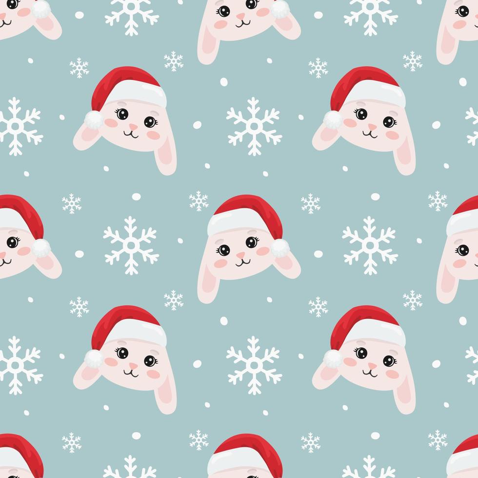 Christmas seamless pattern with bunny face in christmas hat. Beautiful background for gift wrapping papers, greeting cards, decoration. vector