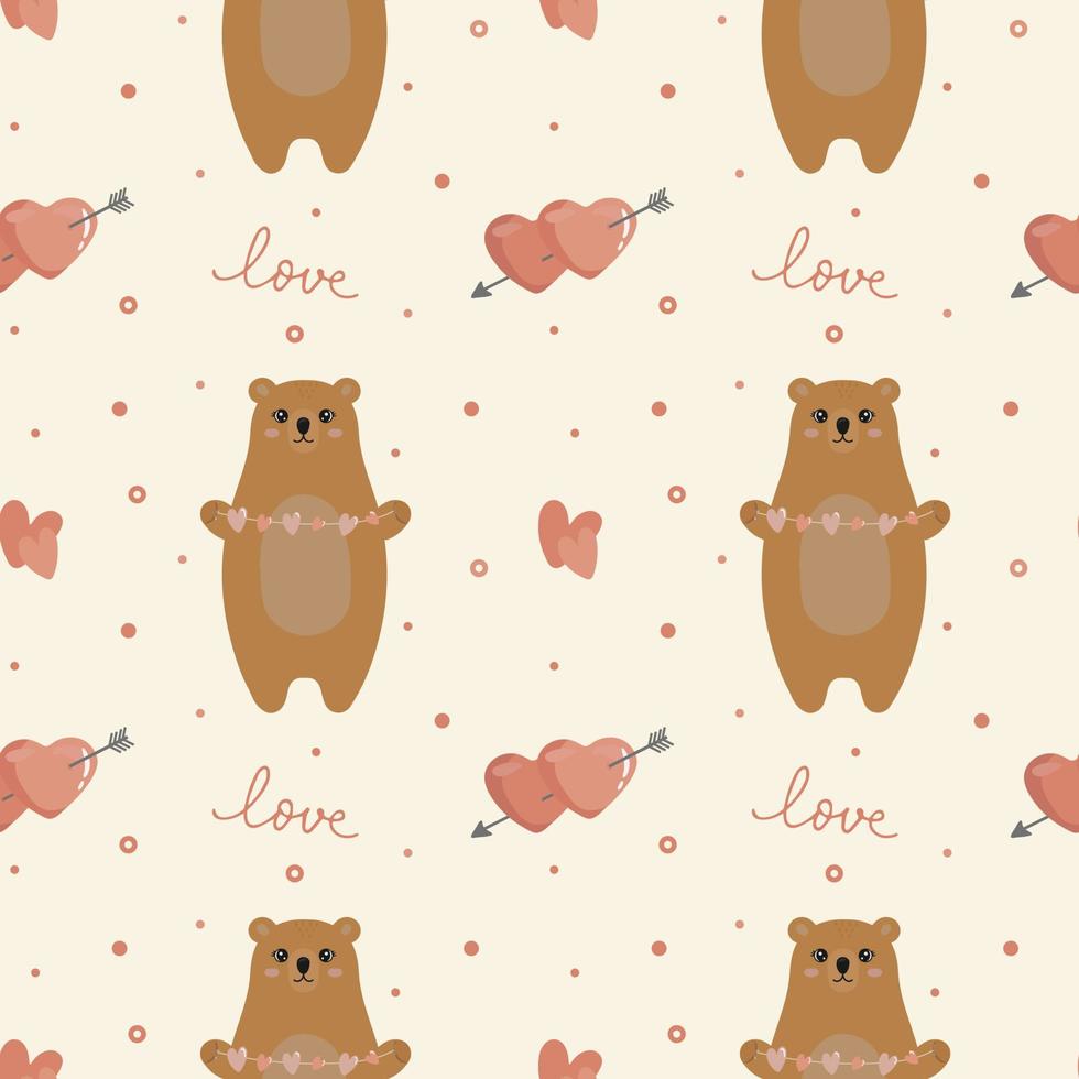 Seamless pattern with cute bears and hearts. Happy Valentine's day. vector