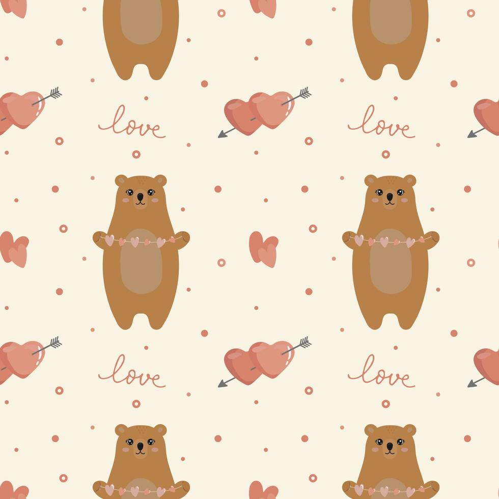 Seamless pattern with cute bears and hearts. Happy Valentine's day. vector