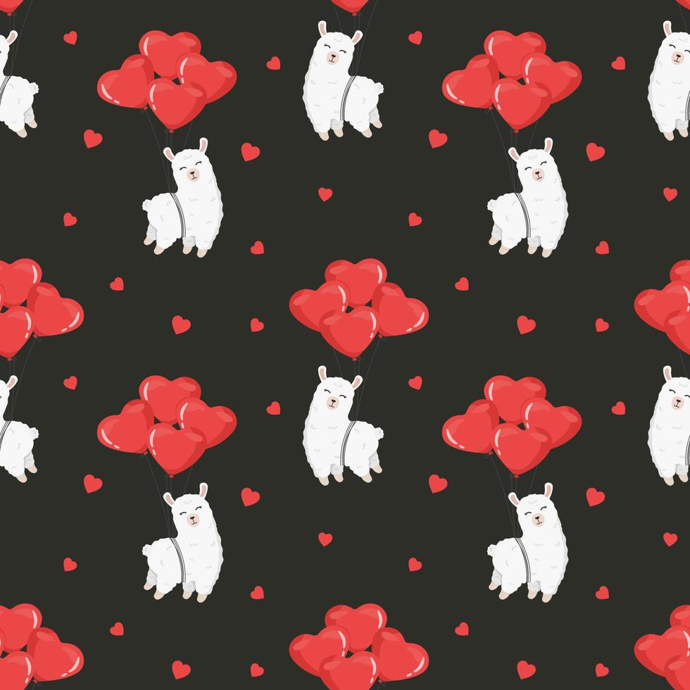 Seamless pattern with alpaca on balloons, hearts. Background for wrapping paper, textile, posters, cards. Happy Valentine's day. vector