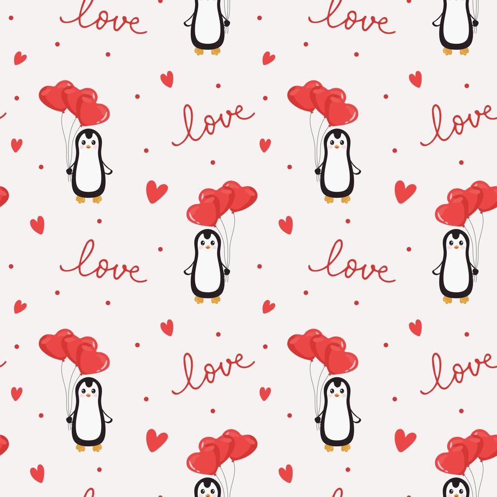 patrón sin costuras con pingüinos, globos y corazones. fondo para envolver papel, textil, carteles, tarjetas. Feliz día de San Valentín. vector