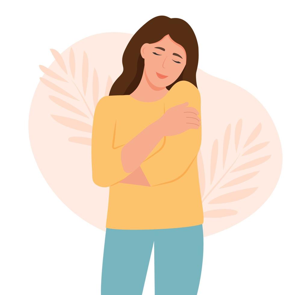 Self love concept.  Beautiful woman hugging oneself happy and positive, smiling confident. Self love and self care.Vector illustration in flat style vector