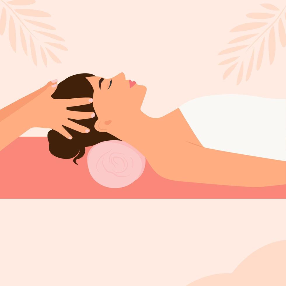 Head massage to a woman in a spa salon. The masseur massages the head, hair, scalp, face.  Lady enjoy   relaxing treatment, aromatherapy. Vector illustration