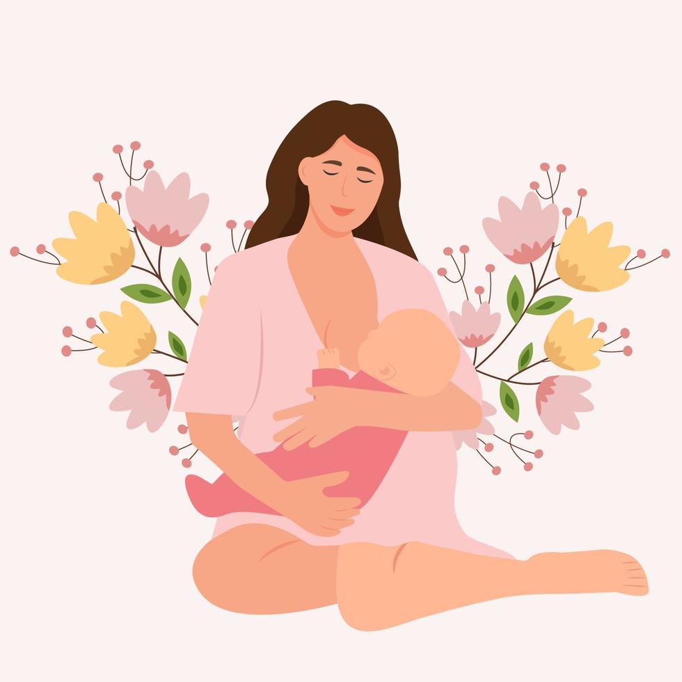 Woman feeding a baby with breast.  Lactation concept. World Breastfeeding Week. Flat vector illustration.