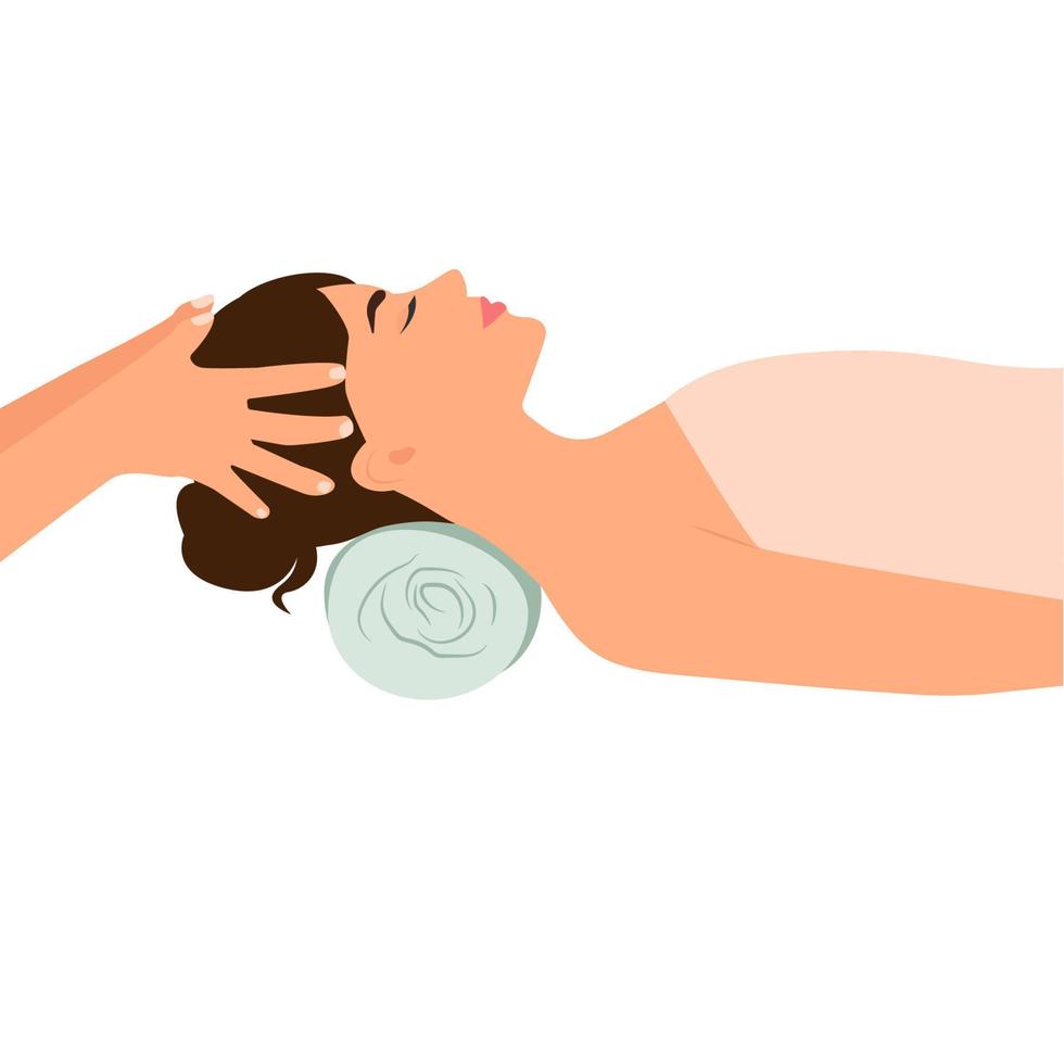 Head massage to a woman in a spa salon. The masseur massages the head, hair, scalp, face.  Lady enjoy   relaxing treatment, aromatherapy. Vector illustration