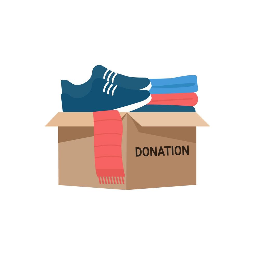 caja de donación llena de ropa y accesorios, apoyo humanitario. caridad y donación. ilustración vectorial plana aislada sobre fondo blanco vector