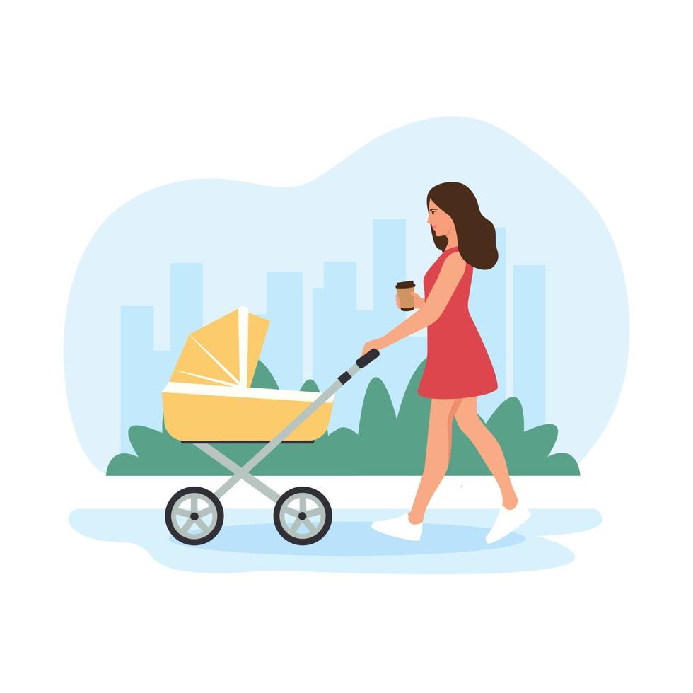 Mom wheeling stroller in park.  Woman walking with baby carriage in city park. Outdoor activity. Coffee in the hand.Vector illustration.Vector flat illustration vector