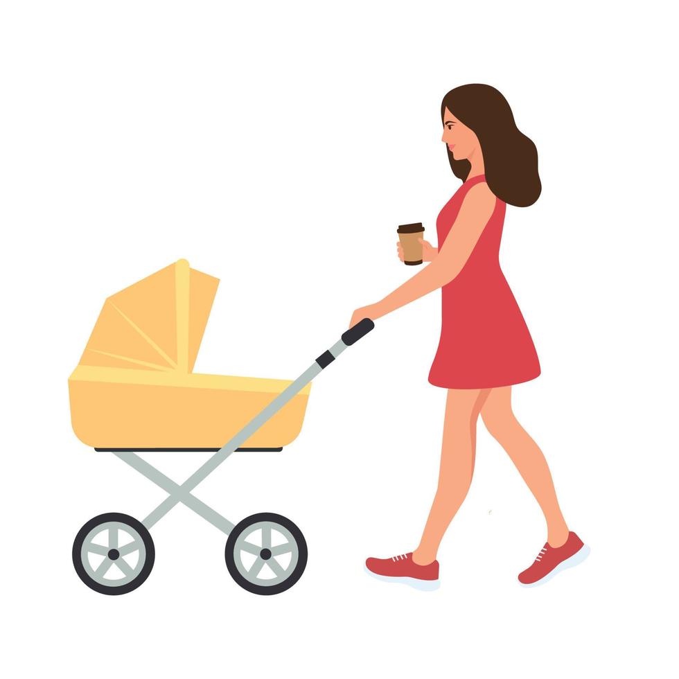 Mom wheeling stroller. Woman walking with baby carriage.Outdoor activity. Coffee in the hand.Vector illustration.Vector flat illustration, isolated vector