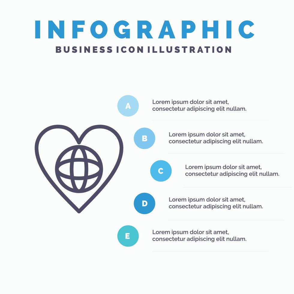 Ecology Environment World Heart Like Line icon with 5 steps presentation infographics Background vector