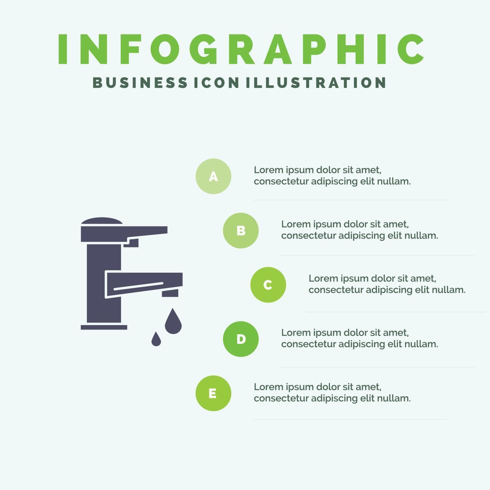 agua del grifo mano agua del grifo gota del grifo icono sólido infografía 5 pasos fondo de presentación vector