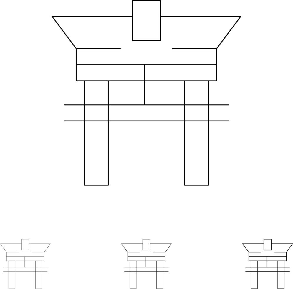 conjunto de iconos de línea negra en negrita y delgada china de puente de puerta vector