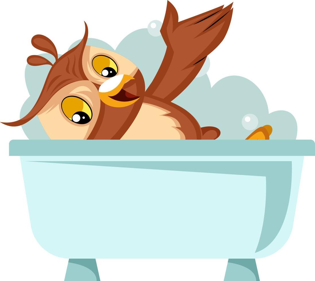 Owl taking a bath, illustration, vector on white background.