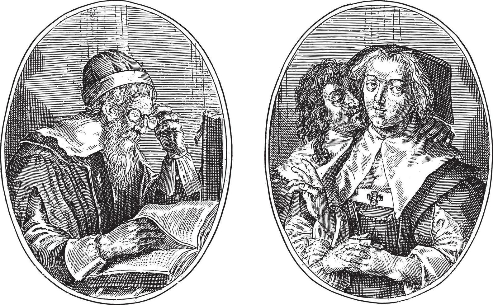 Professor in the philosopher and his wife, Crispijn van de Passe, 1641, vintage illustration. vector
