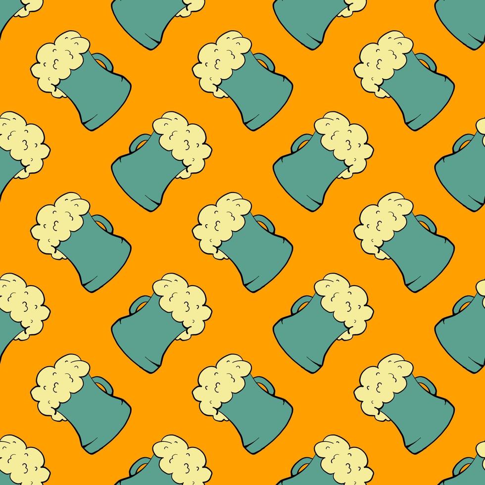 Beer in glass, seamless pattern on orange background. vector