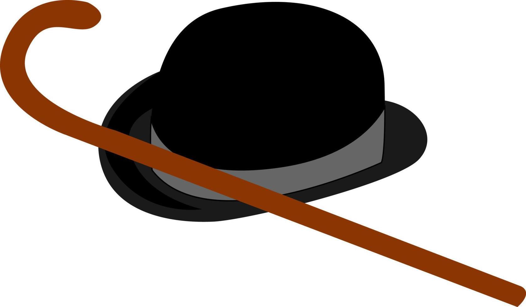 sombrero negro y bastón, ilustración, vector sobre fondo blanco.