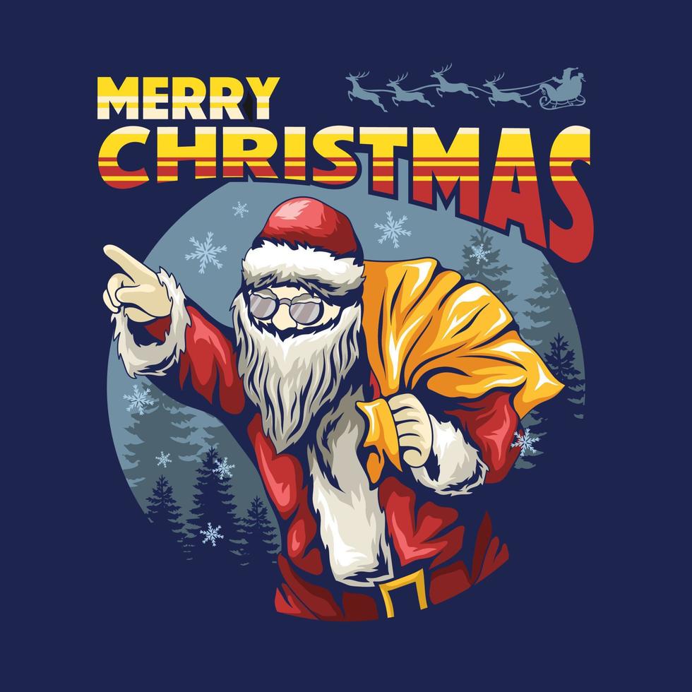Papá Noel trae una obra de arte de diseño de camiseta de saco de regalo de Navidad, ilustración de póster de Feliz Navidad vector