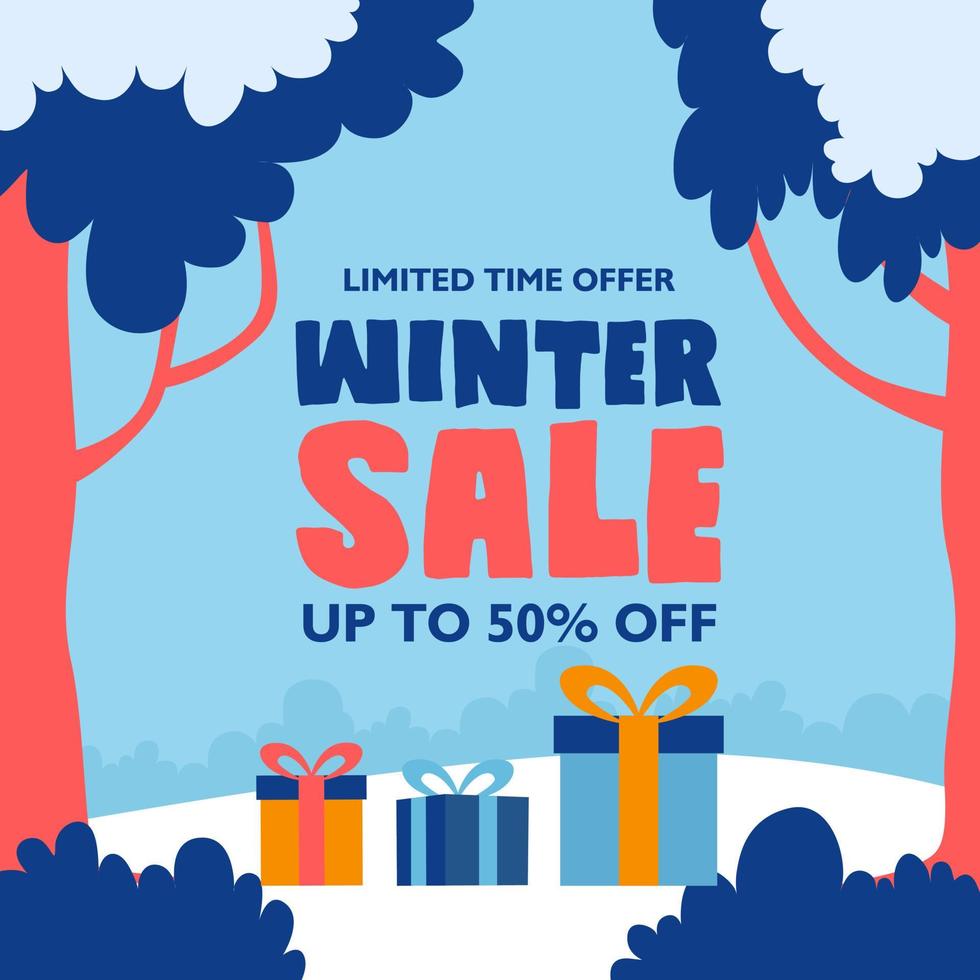 banner de promoción de venta de invierno, banner cuadrado de ofertas especiales de invierno, publicidad de publicaciones en redes sociales, vector de fondo de invierno