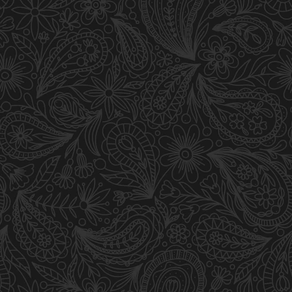 BLACK VECTOR SEAMLESS BACKGROUND WITH GRAY PAISLEY CONTOUR PATTERN