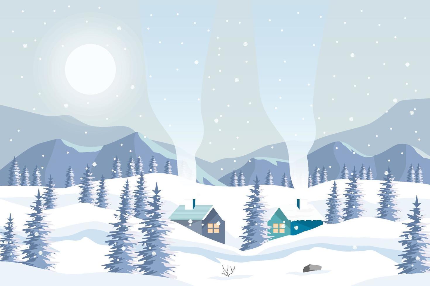 winter landscape with mountain, houses, and tree in flat style design vector