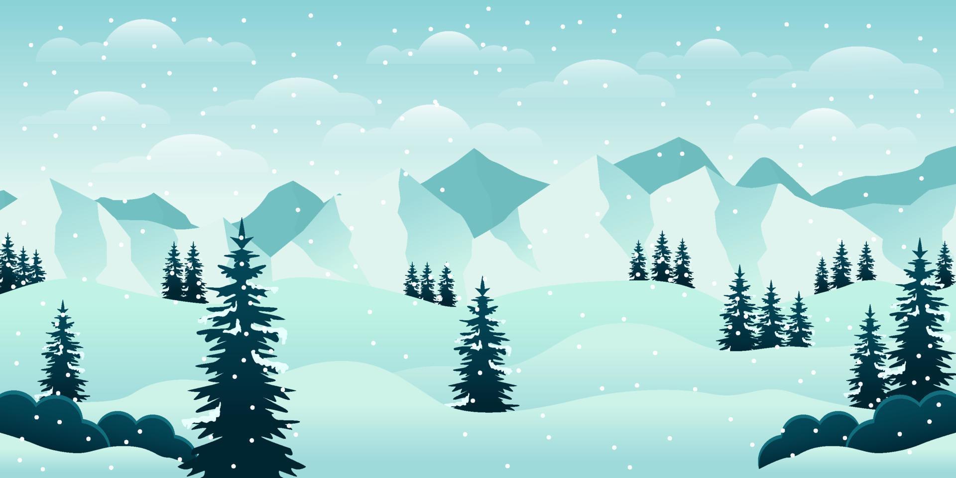 gradient winter landscape illustration with mountain and tree vector