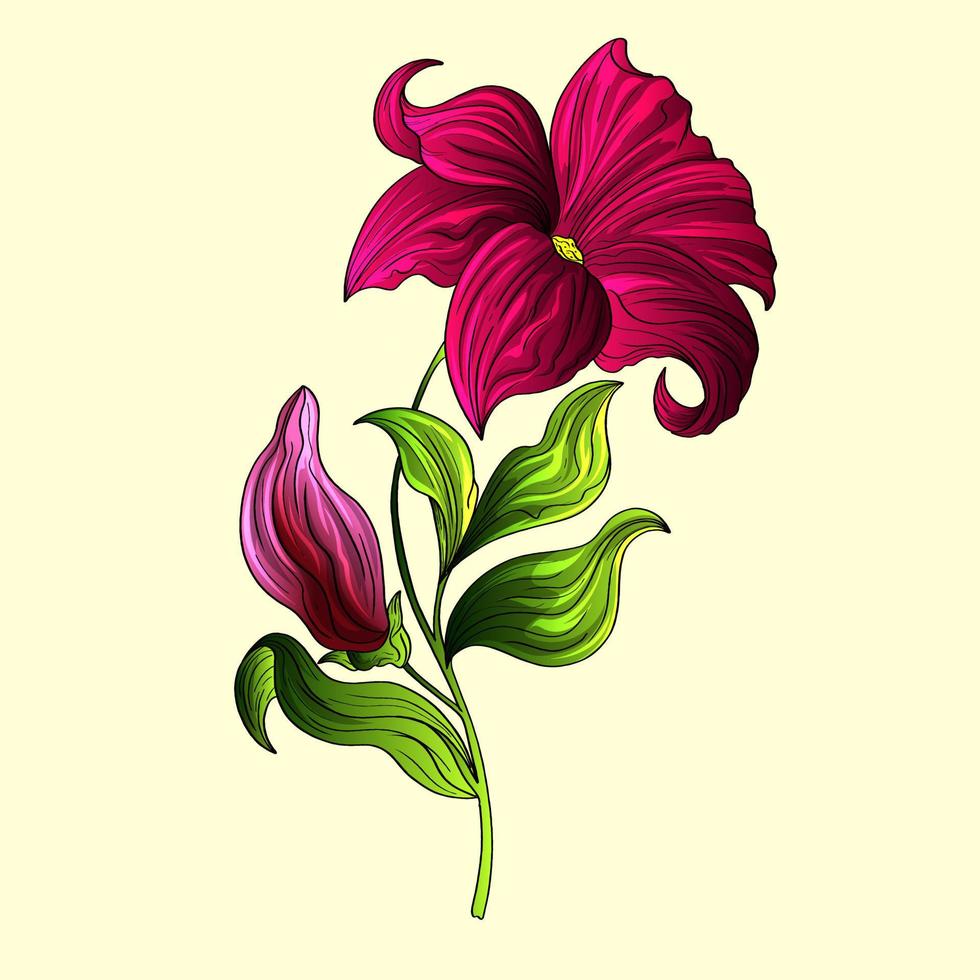 Red Lily Flat Vector. Lily branch and leaves Floral postcard. Wedding elements isolated background cartoon illustration. vector