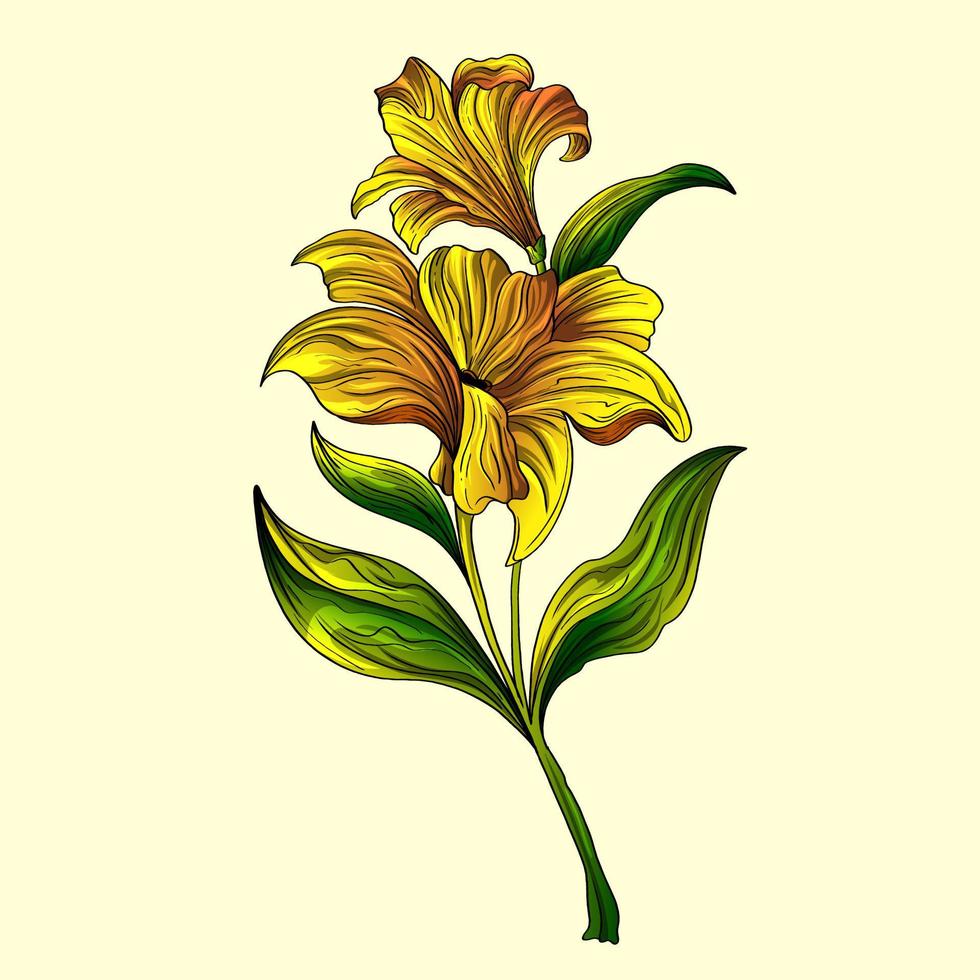 vector plano de lirio amarillo. rama de lirio y postal floral de hojas. elementos de boda aislados ilustración de dibujos animados de fondo.