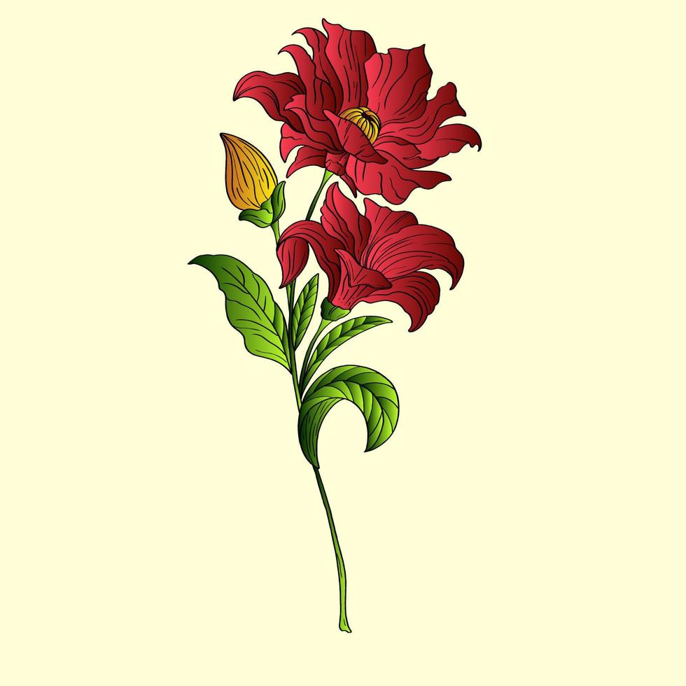 Red Lily Flat Vector. Lily branch and leaves Floral postcard. Wedding elements isolated background cartoon illustration. vector