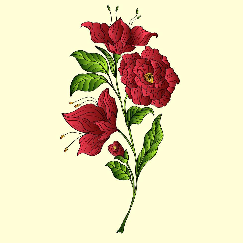 Red Lily Flat Vector. Lily branch and leaves Floral postcard. Wedding elements isolated background cartoon illustration. vector