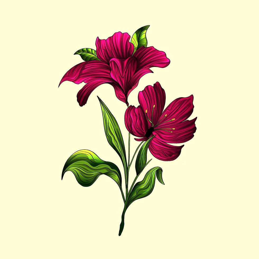 Red Lily Flat Vector. Lily branch and leaves Floral postcard. Wedding elements isolated background cartoon illustration. vector